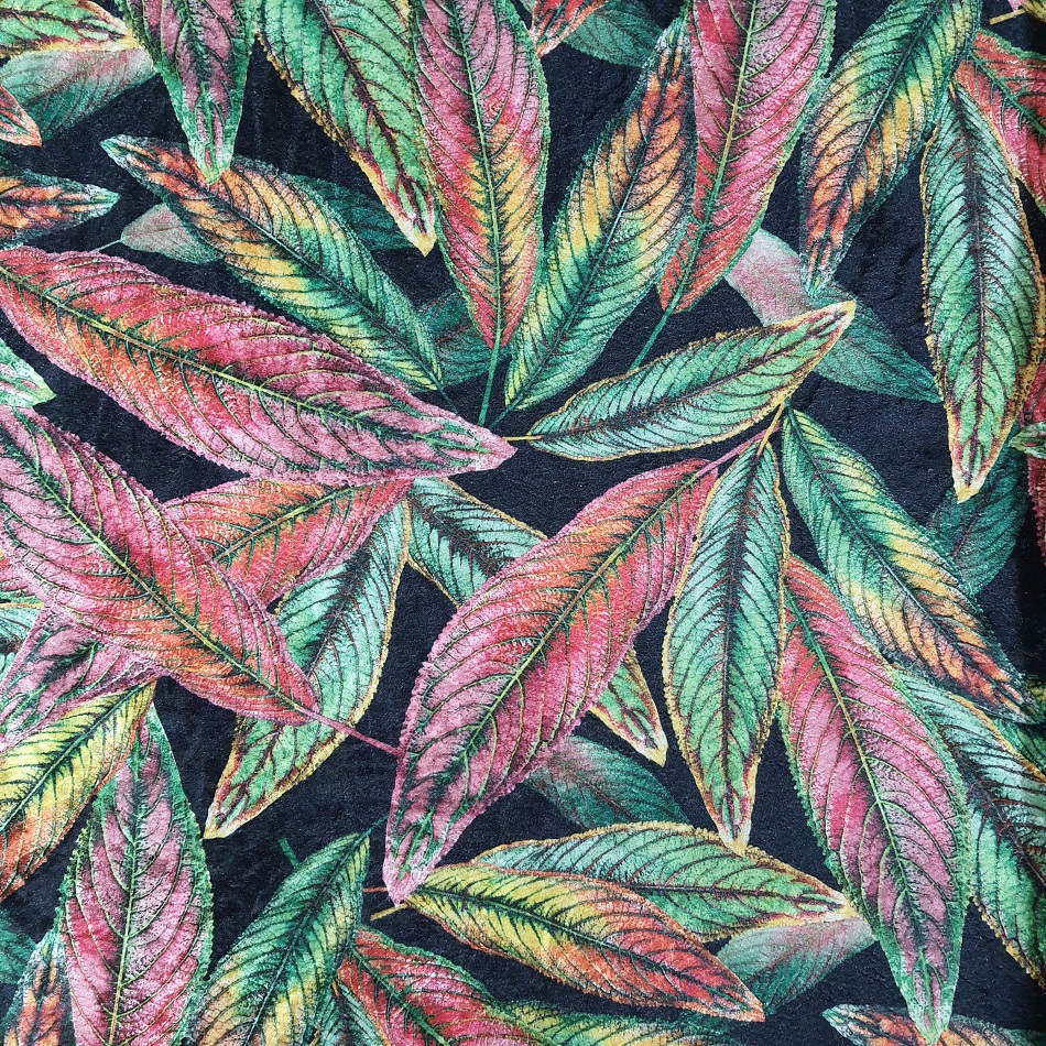 Printed Stretch Velvet Black Leaves