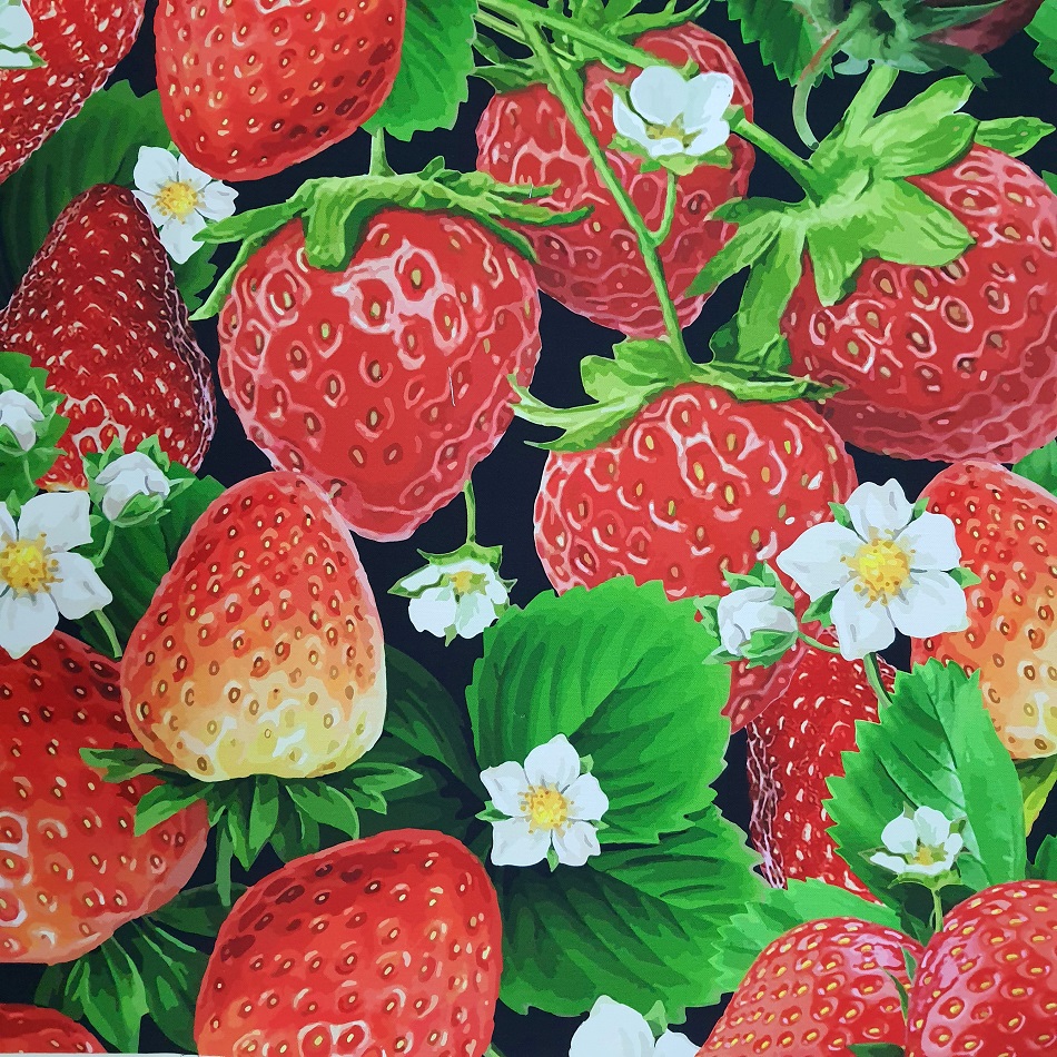 100% Cotton Linen Strawberries Black